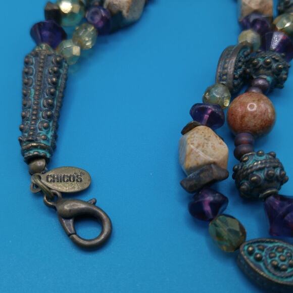 Chico's Gemstone Beaded Necklace, Brass Beads End Caps, Quartz Glass Brass, 19" - Picture 7 of 12